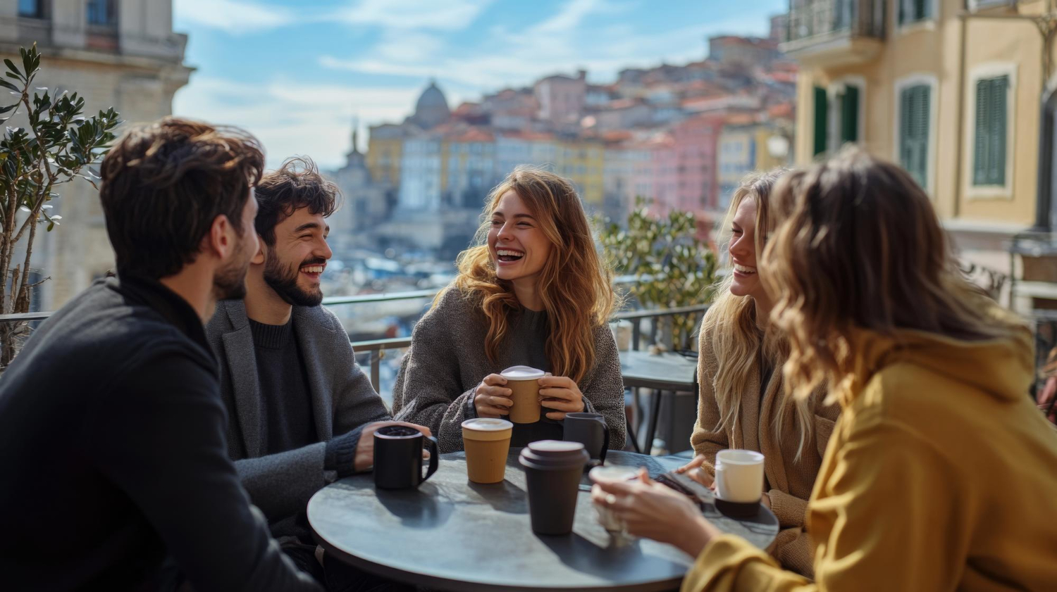 Five Bureau of International Professional Standards members laughing together over coffee at an outdoor terrace table