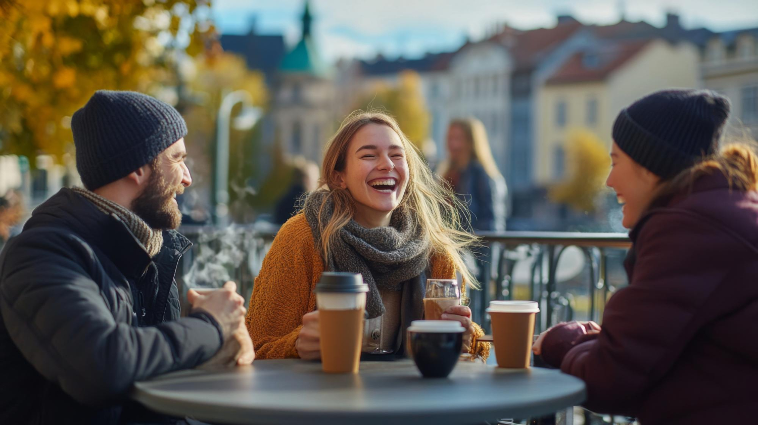 Three members laughing over takeaway coffee at an autumn street table